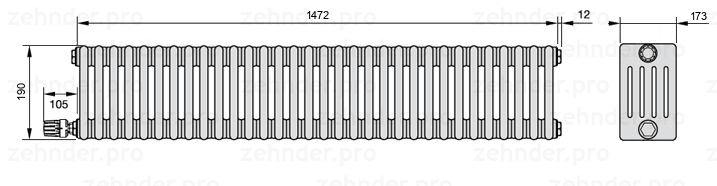 Схема (чертеж) Радиатор Zehnder Charleston 5019/32 №V003 Белый глянцевый RAL 9016